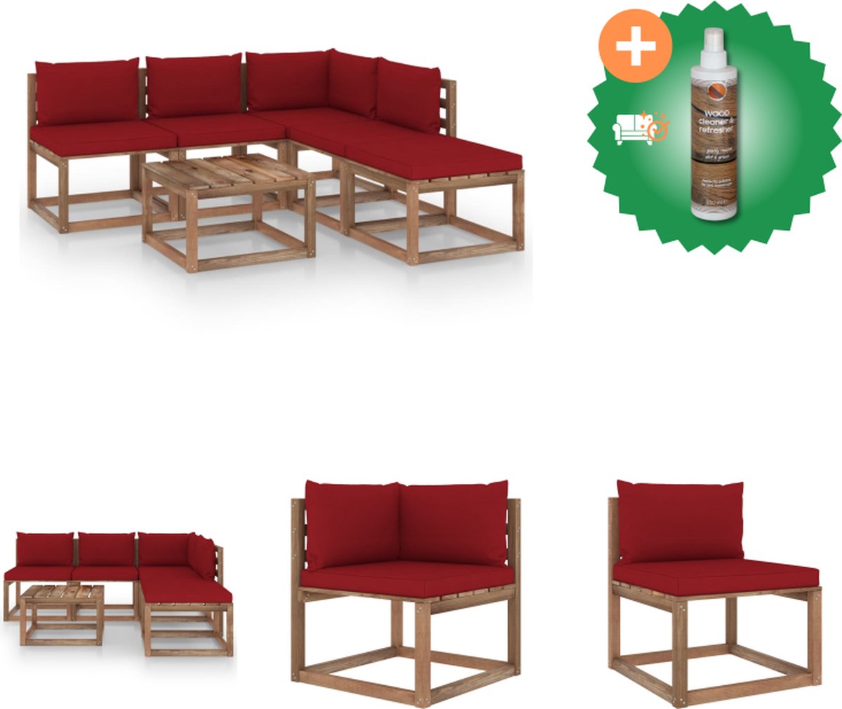 VidaXL Pallet Loungeset Hoekbank 64x64x70 cm Middenbank 60x64x70 cm Tafel Voetenbank 60x60x36.5 cm Wijnrood kussen Tuinset Inclusief Houtreiniger en verfrisser