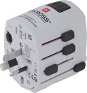 Witte SKROSS reisadapter met uitschuifbare Britse stekker. 'Designed in Switzerland'.