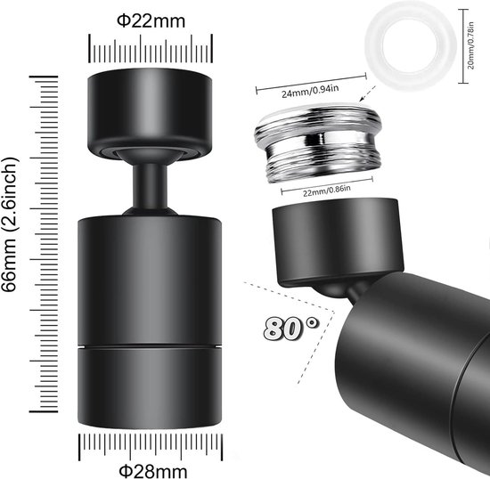 URFEDA Flexibele kraanopzetstuk, 360° straalregelaar, verlengbuis, spatwaterdicht, buigbaar, zwart, 50 cm, roestvrij staal, geschilderd, M24x1, FAUCET_WATER_AERATOR