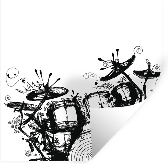 Muurstickers - Sticker Folie - Zwart-wit illustratie van een drumstel - 50x50 cm - Plakfolie - Muurstickers Kinderkamer - Zelfklevend Behang - Zelfklevend behangpapier - Stickerfolie