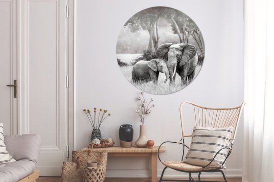 Cercle mural - Cercle mural intérieur - Bébé éléphant avec sa mère en noir et blanc - ⌀ 120 cm - Décoration murale - Peintures ronds XXL