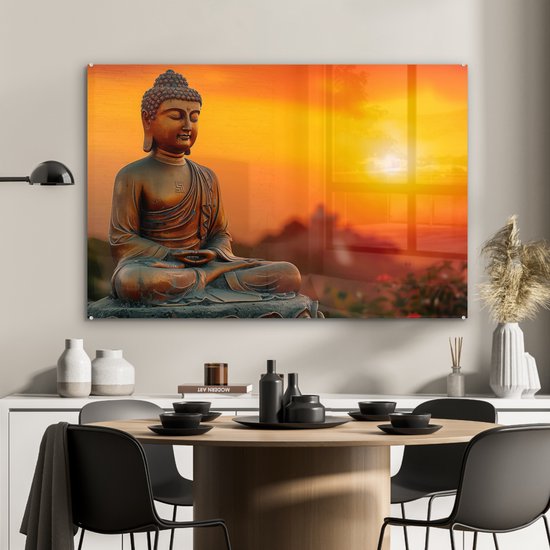 MuchoWow® Peinture sur verre 120x80 cm - Peinture sur verre - Bouddha - Image - Coucher de soleil - Bouddha - Zen - Japon - Photo sur verre acrylique - Décoration murale salon - Décoration murale chambre - Peintures