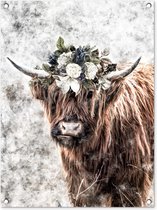 Tuinschilderij Schotse hooglander - Marmer - Bloemen - 60x80 cm - Tuinposter - Tuindoek - Buitenposter