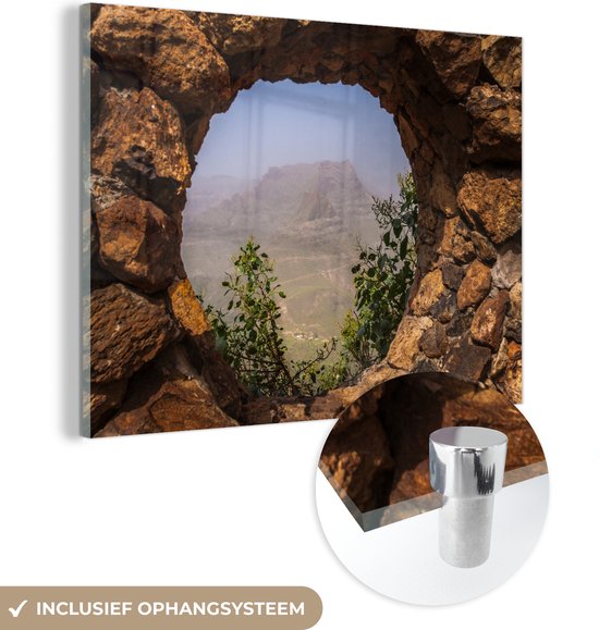 MuchoWow® Glasschilderij 40x30 cm - Schilderij acrylglas - De Pico de la Nieves vanuit een venster op Gran Canaria - Foto op glas - Schilderijen