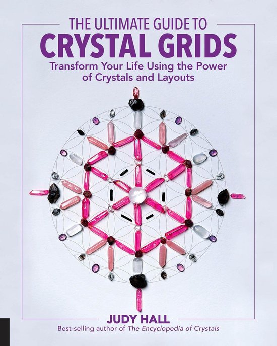 De 'Ultimate Guide to Crystal Grids' met als ondertitel 'Transform Your Life Using the Power of Crystals and Layouts'. Met een mandala-achtig patroon van roze en witte kristallen op een witte achtergrond.