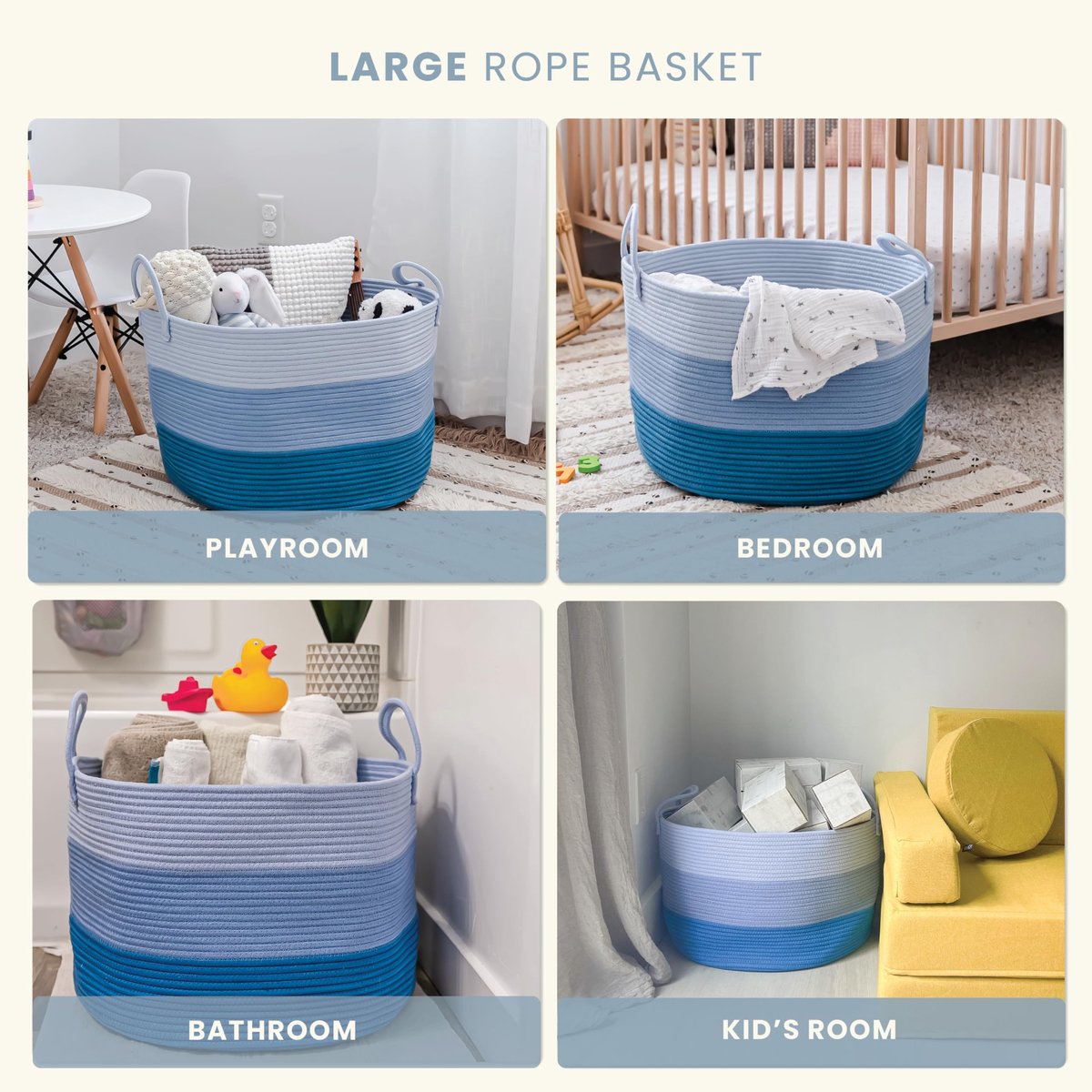 SnelShoppen - Katoenen Touwmand voor Was en Dekens - 50x33cm - 3-Tint Blauw - Opbergmand voor Kinderen, Tuin, Keuken, Feest