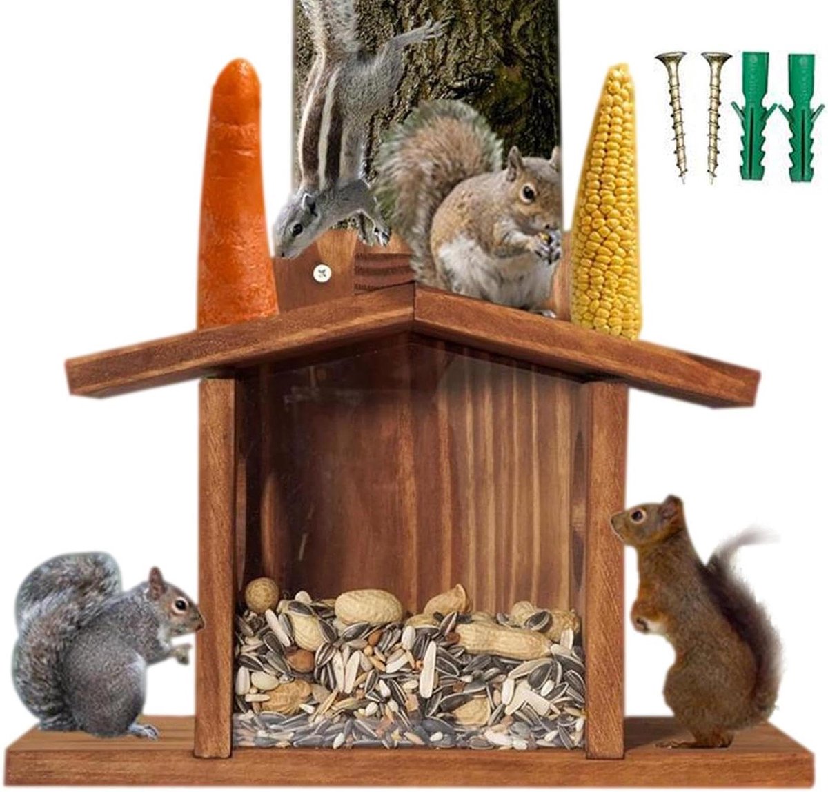 Eekhoorn Voederhuisje - Voederplek Dieren - Dieren Voeren - Tweezijdige Toegang - 33 cm - Houtkleur