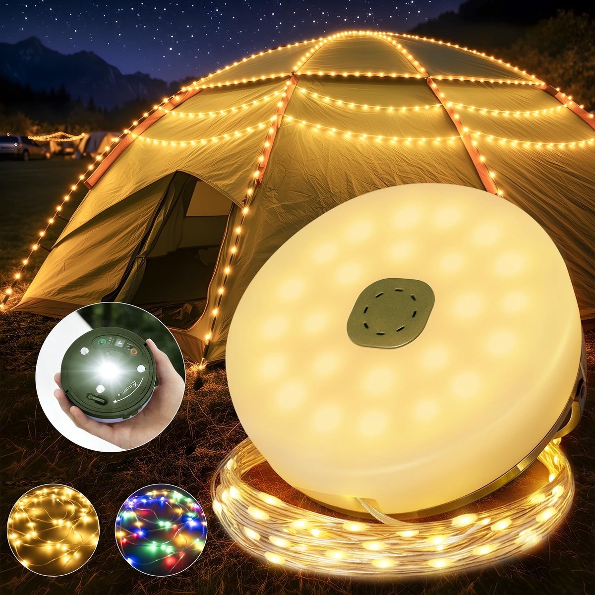 SnelShoppen - Camping Lichtketting Oprolbaar 20M Warm Wit & Kleurrijk voor Feest, Tuin, Keuken, Camping, Buiten, Binnen