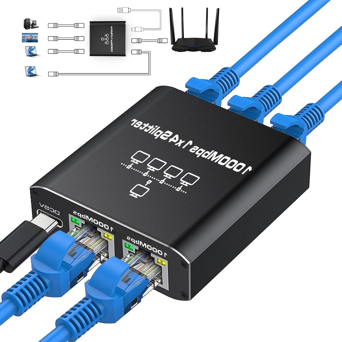 Lan Splitter - Netwerk Verdeler - Internet Delen - 1000Mbps Gigabit Snelheid - 1 tot 4 Poorten - Grijs