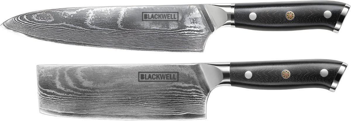 Blackwell Messenset Damascus - Koksmes + Nakiri 2-delig - 67 Lagen Damaststaal VG10 - Ergonomisch Handvat