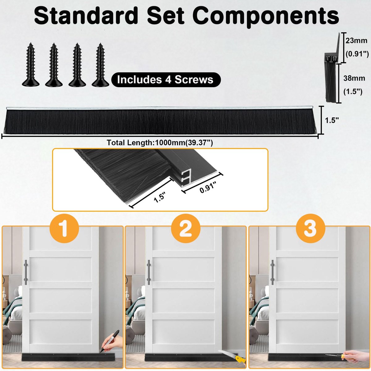 SnelShoppen - 2-pack dubbellaagse deurborstel veegafdichting voor exterieur/interieur, 39,3 inch L x 1 1/2" W, heavy duty aluminium strip, zwart, gesc