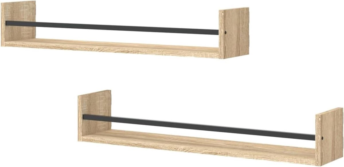 Zwevende Muurplanken - Set Wandplanken - Decoratie Opbergen - Met Stang - 80 cm - Eiken
