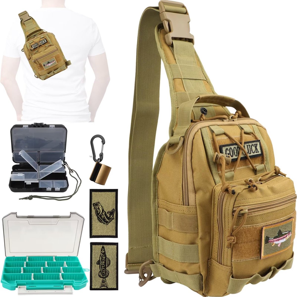 SnelShoppen - Kleine Visrugzak Vliegvissen Sling Pack Waterdichte Hengel Houder Visgerei Tas met Dozen en Schouderband Khaki voor Mannen