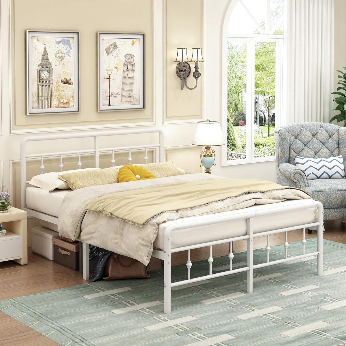 Metalen Bedframe - Bed met hoofdeinde - Slaapkamer Inrichten - Geluidsvrij Comfort - 120 x 190 cm - Wit
