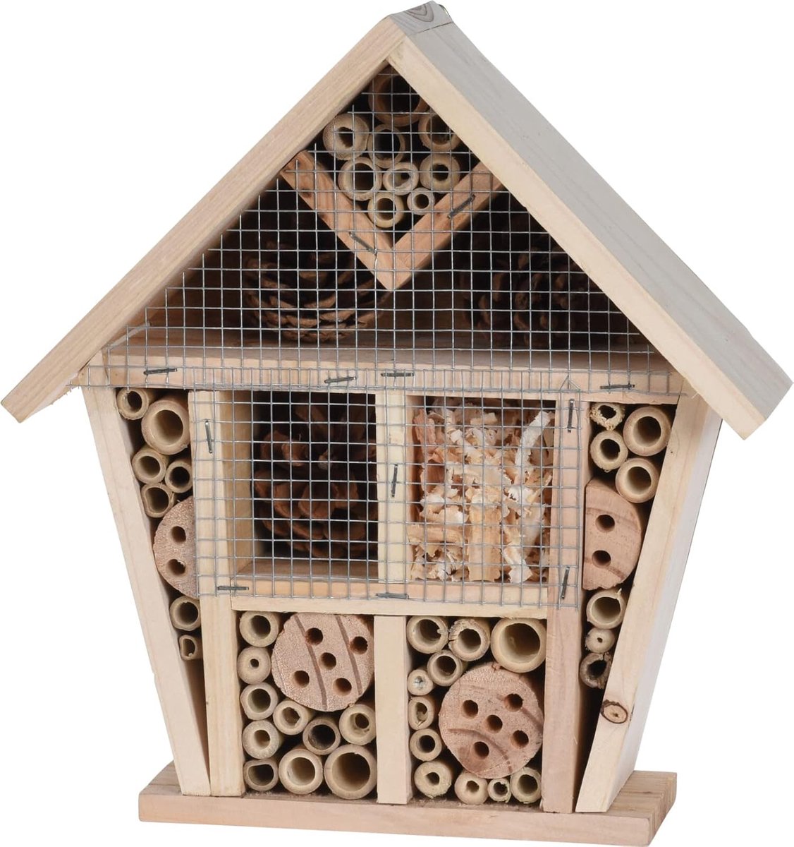 SnelShoppen - Insectenhotel Hangend 29x25x10cm voor Tuin, Balkon en Terras - Natuurlijk Hout met Bamboe Tubes, Dennenappels en Holle Houtblokjes - 8 C