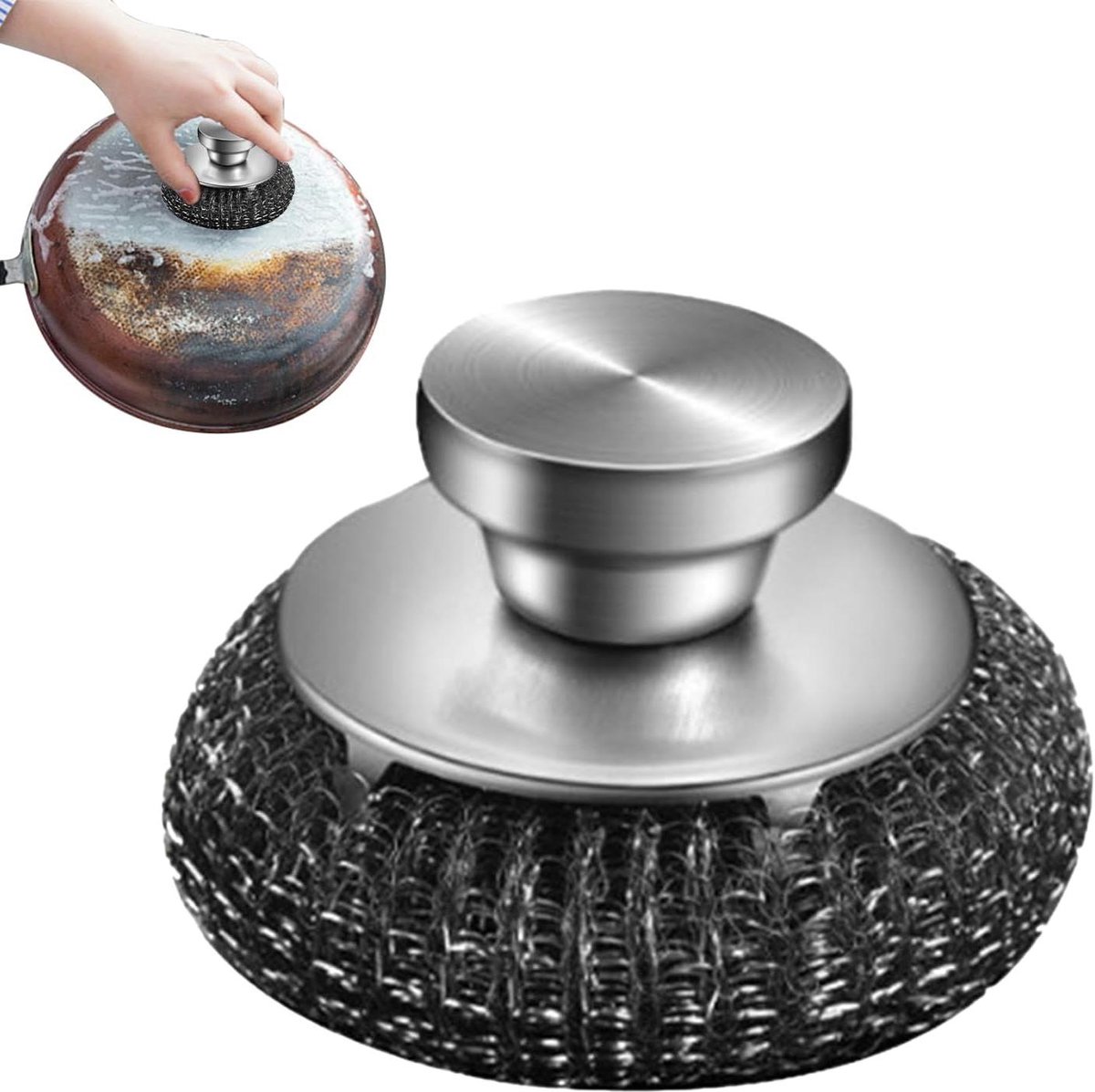 Roestvrijstalen Schrobber - Staalwol Scrubber - Afwas Reinigen - Ergonomisch Handvat - 28 cm - Zilver
