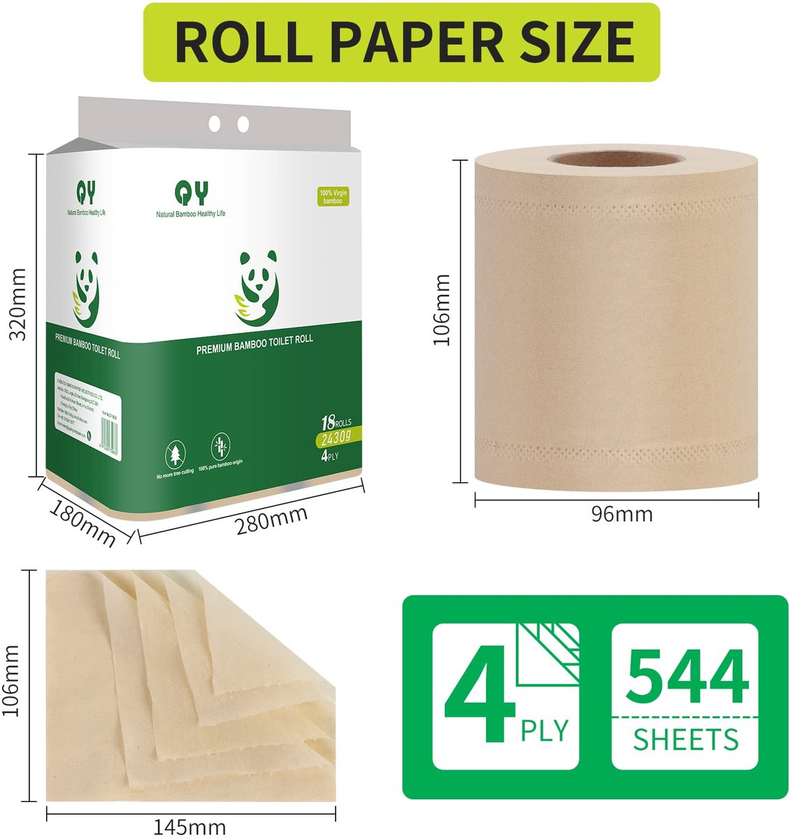 SnelShoppen - Bamboe Toiletpapier 4-laags, 18 Rollen, Duurzaam en Milieuvriendelijk, Zacht en Sterk, Perfect voor Thuis en Camping