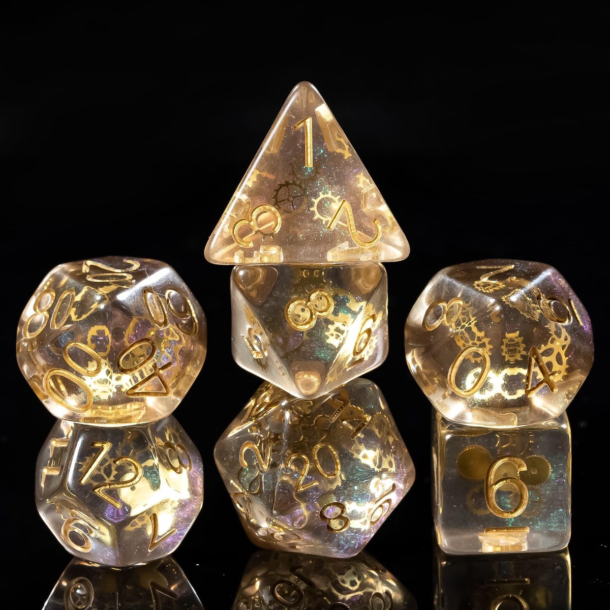 SnelShoppen - DND Dobbelstenen Set met Tandwielen - Veelvlakkige Dobbelstenen voor Dungeons and Dragons - Galaxy Kleur met Gouden Tandwielen - Perfect