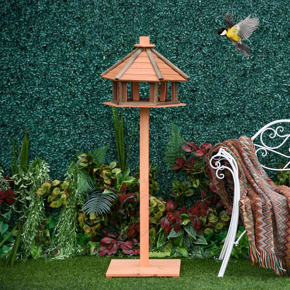 MIVRAY Vogelvoederplek Staand 130 cm Massief Hout Naturel Met Satteldak Voor Tuin En Achtertuin Decoratie