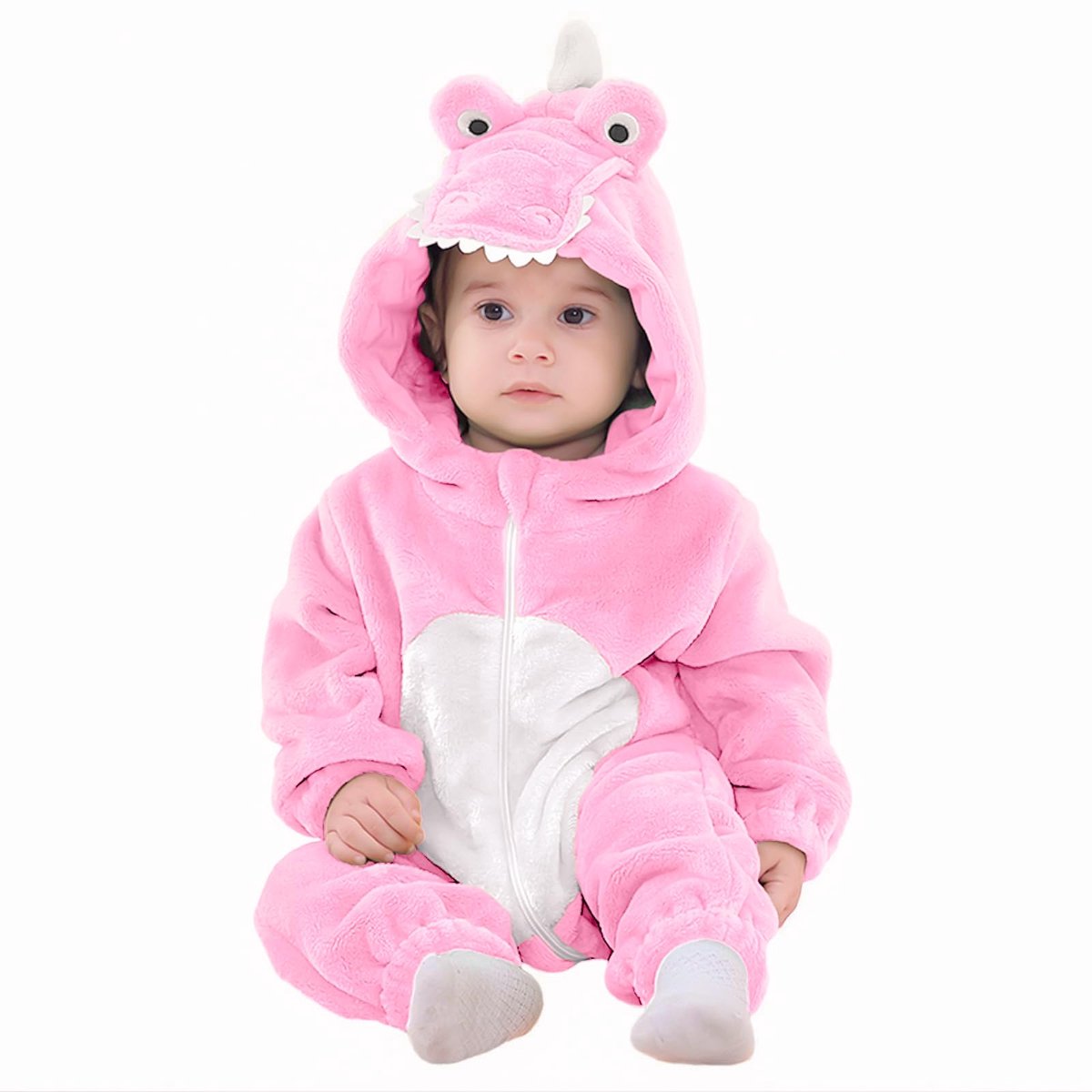 SnelShoppen - Krokodillenkostuum voor jongens, fleece rompertje met capuchon, roze, maat 4-5 jaar, ideaal voor feesten, verkleedpartijen en speeltijd
