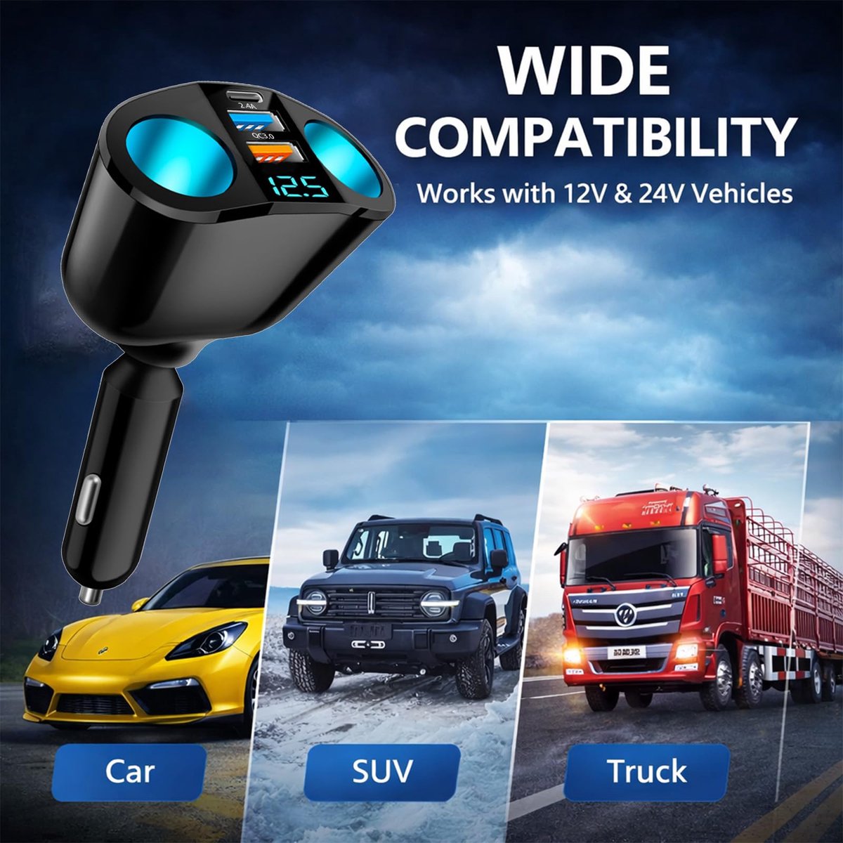 SnelShoppen - Dubbele sigarettenaansteker 12V 120W met stekkerdoos, QC3.0/PD/2,4A autolader, snel opladen voor telefoon, GPS-camera, LED-voltmeter, id