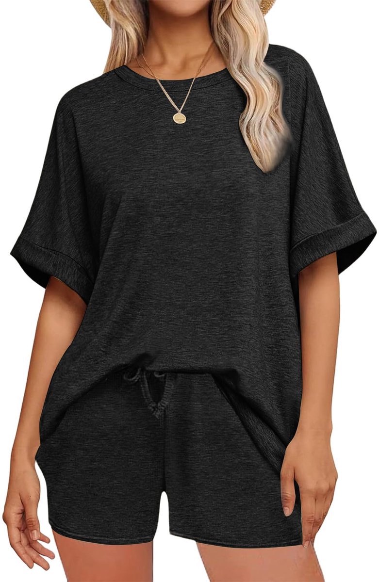 SnelShoppen - Dames Jumpsuit Korte Mouwen Zomer 2 Stuks Elegant Ronde Hals Hoge Taille Sportkleding met Zakken Zwart Maat L