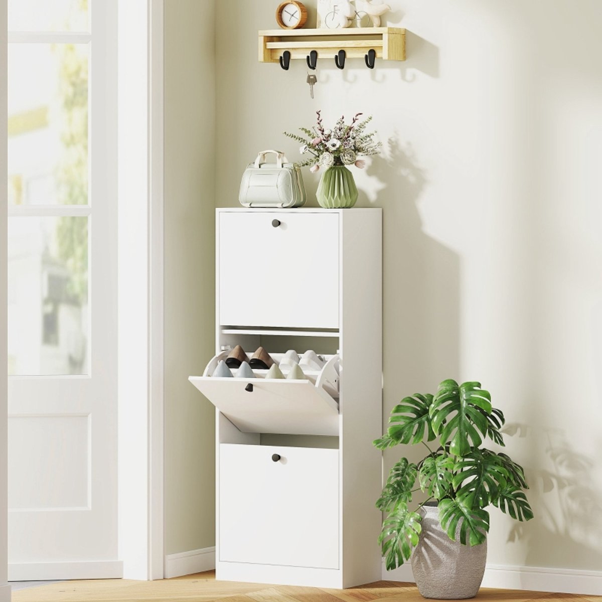 OKWISH Schoenenkast – 3 Kleppen – Smal Ontwerp Voor Hal En Kleine Ruimtes – Verstelbare Vakken – Spaanplaat Wit – 47 x 26 x 120 cm