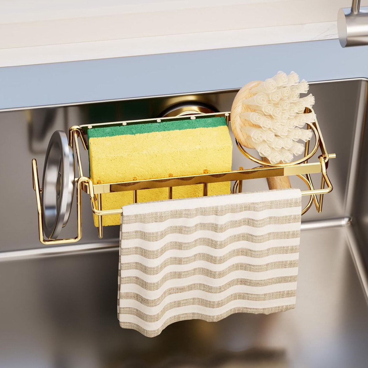 SnelShoppen - TAILI Afwassponshouder met Zuignap - Anti-Roest Sponshouder voor Gootsteen - Gouden Sponshouder - Ideaal voor Keuken en Badkamer - Handi
