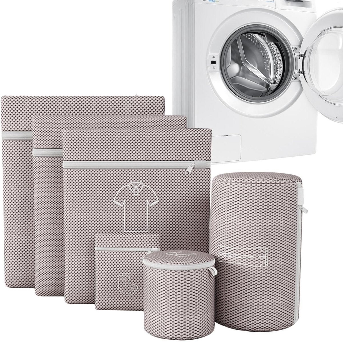Wasnetten Set - Wasmand Zakken - Kleding Beschermen - Fijnmazig Gaas - 6 Stuks - Grijs