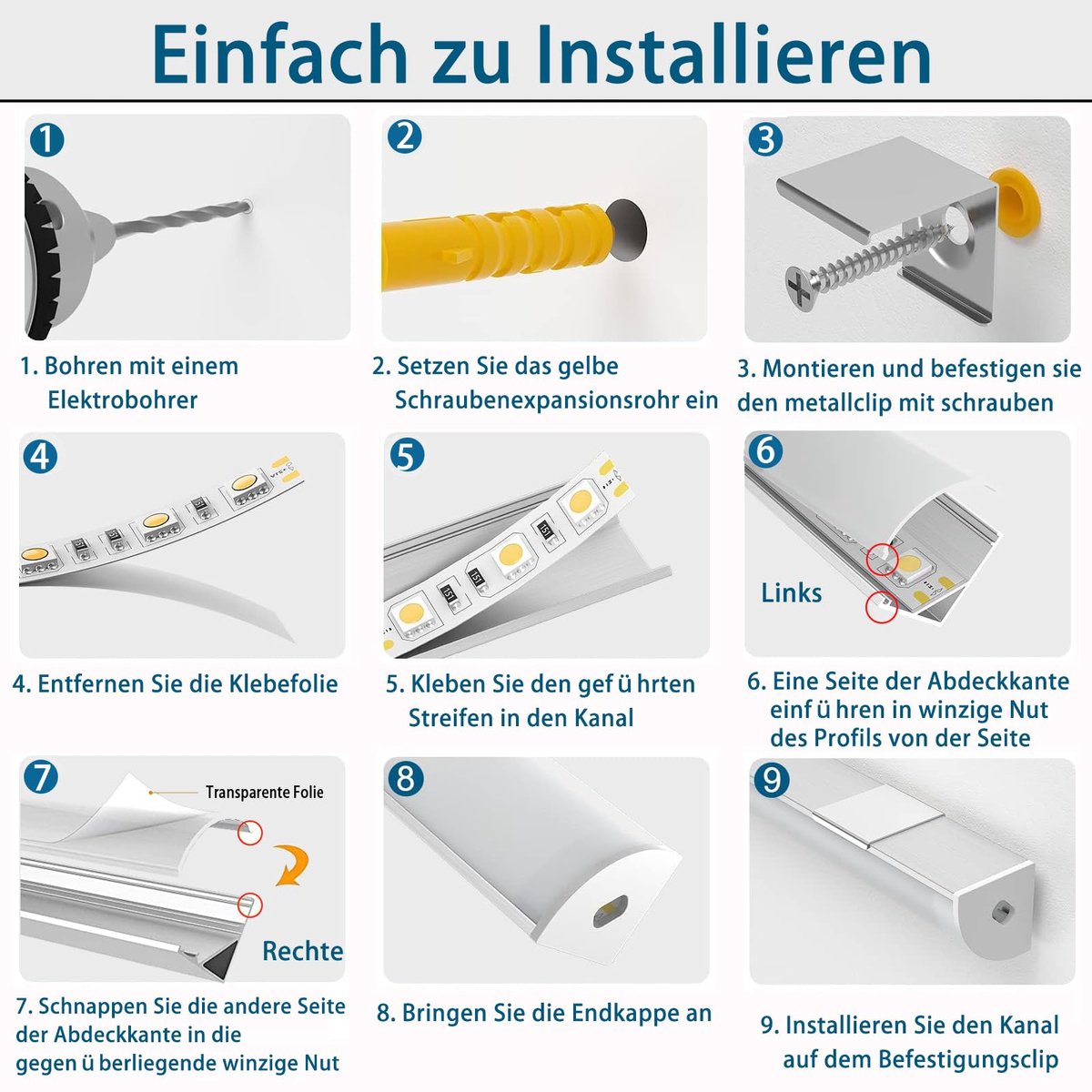 SnelShoppen - Chesbung Ledstripprofiel V-vorm Aluminium 1 m, 6 Stuks voor Ledstrips tot 12 mm, Indirecte Verlichting Plafond met Transparante Afdekkin