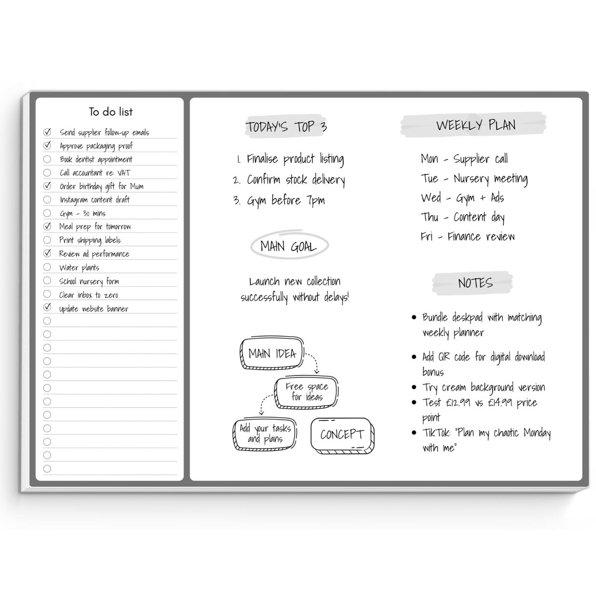 SnelShoppen - A3 To Do List Planner Desk Pad | Ongedateerde Productiviteit Kladblok met Dagelijkse Top 3, Wekelijks Plan, Hoofddoel, Notities, Doodle