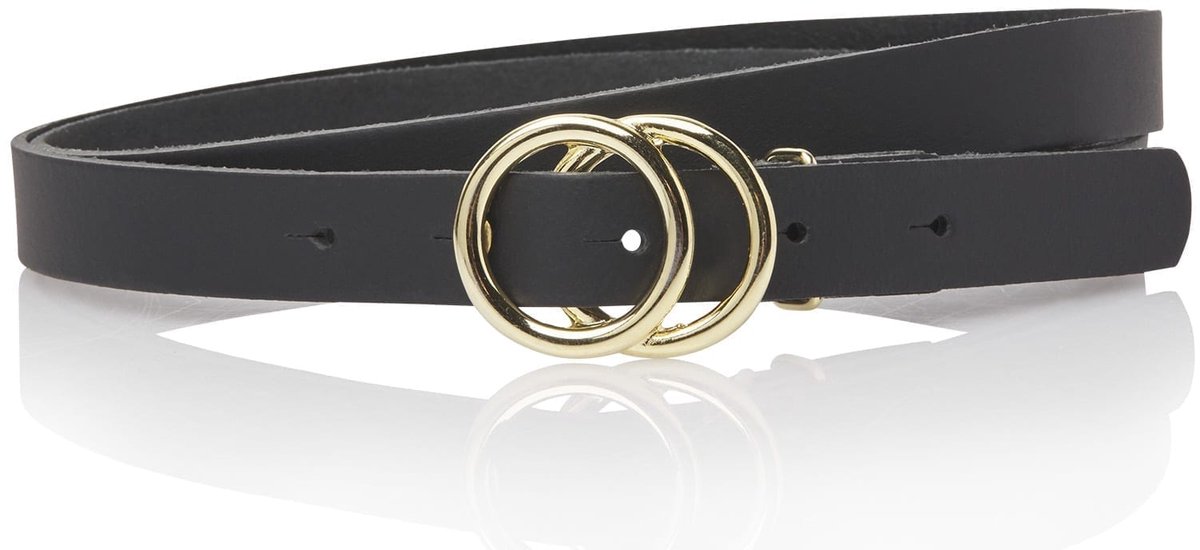 Take-it Zwarte Dames Riem met Dubbele Ringen Gesp - Smalle Riem - Gouden Ringen - 2 cm breed - Echt Leer - Zwart - Lengte totaal 120 cm / Riemmaat 105
