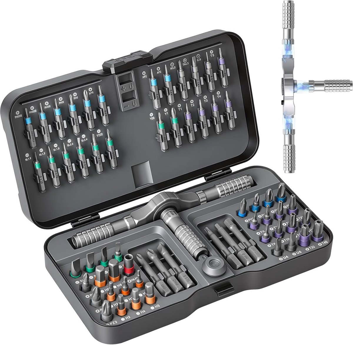 Bobypet - 66-in-1 ratelschroevendraaierset, magnetische schroevendraaier met S2 stalen bits en bits in het handvat, fietsgereedschapset voor meubels, computers, brillen en horloges