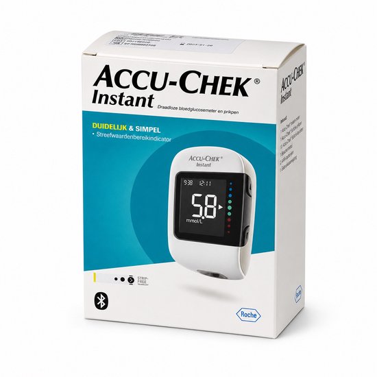 Accu-Chek Instant bloedglucosemeter in startset met "DUIDELIJK & SIMPEL" en "STRIP-FREE TECHNOLOGY".