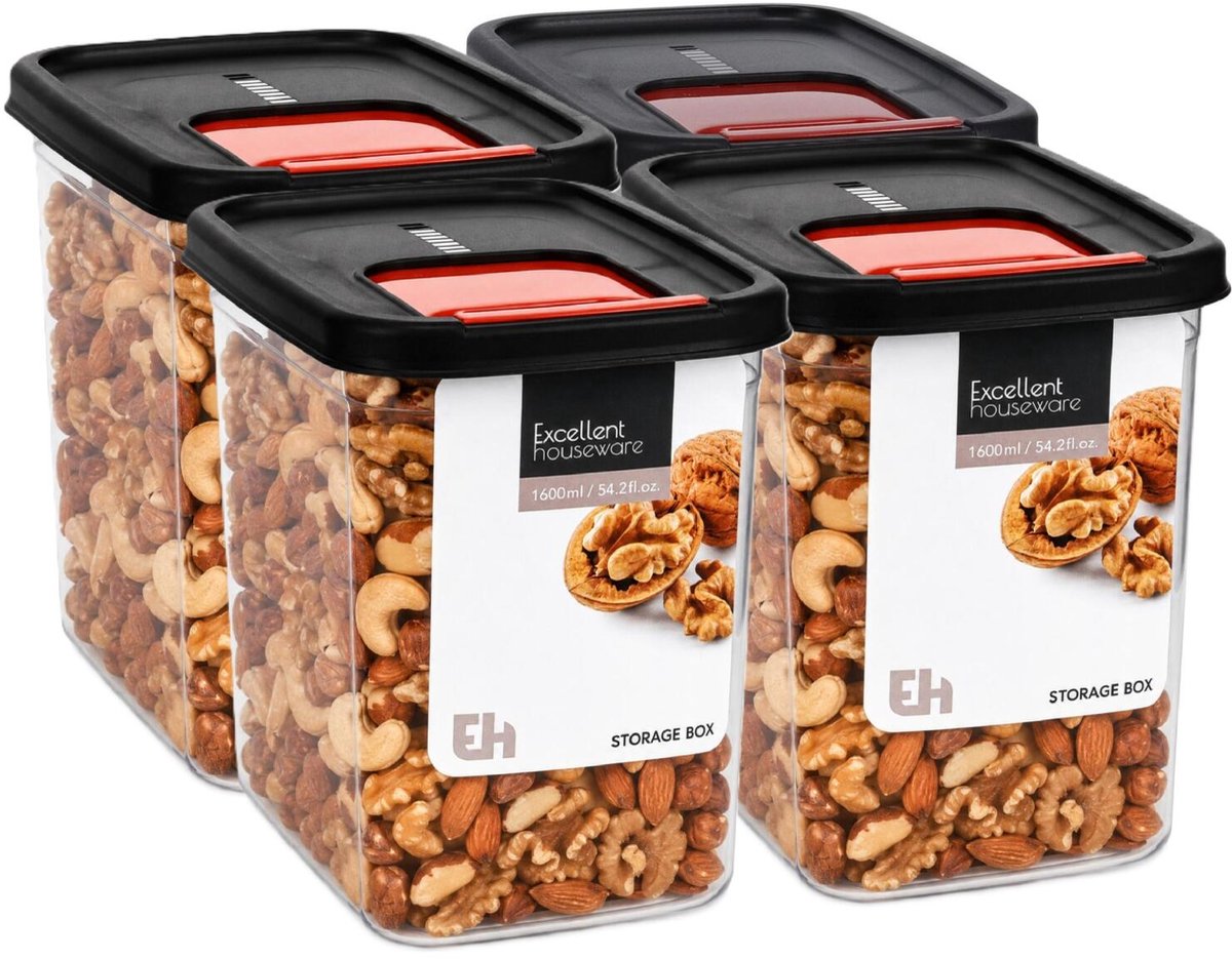 Excellent Houseware Voedselcontainer strooibus - 4x - transparant/zwart - 1600 ml - kunststof - 16 x 11 x 14 cm