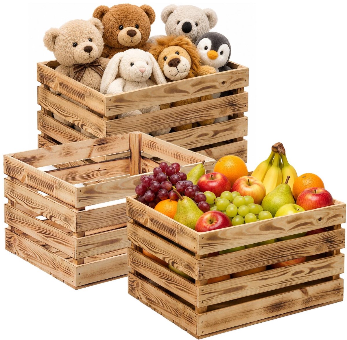 Atmosphera Fruitkistjes Classic opslagbox - 3x - old look - lichtbruin - hout - L47 x B36 x H28 cm - Decoratie huis en tuin - wandplank - opbergers