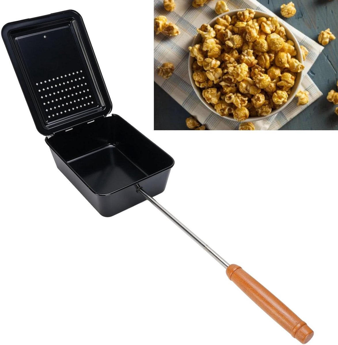Popcorn Pan - Snack Maker - Thuis Snacks Maken - Houten Handvat - N.v.t. - Zwart