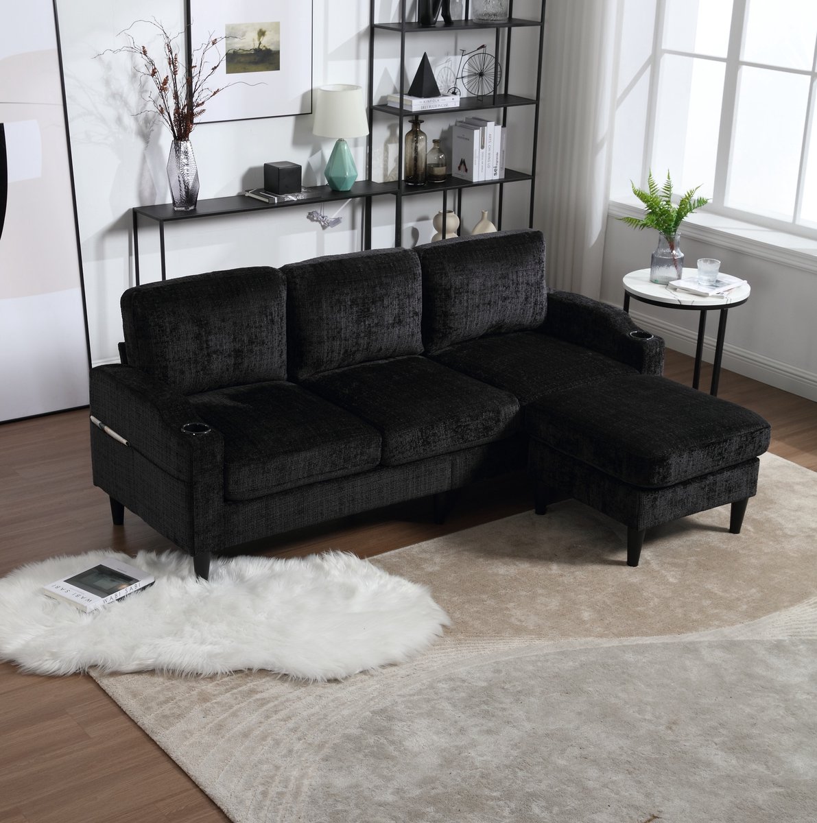 COVREO Hoekbank 196,5 x 75 x 77 cm - zwart chenille, met hocker en opbergruimte