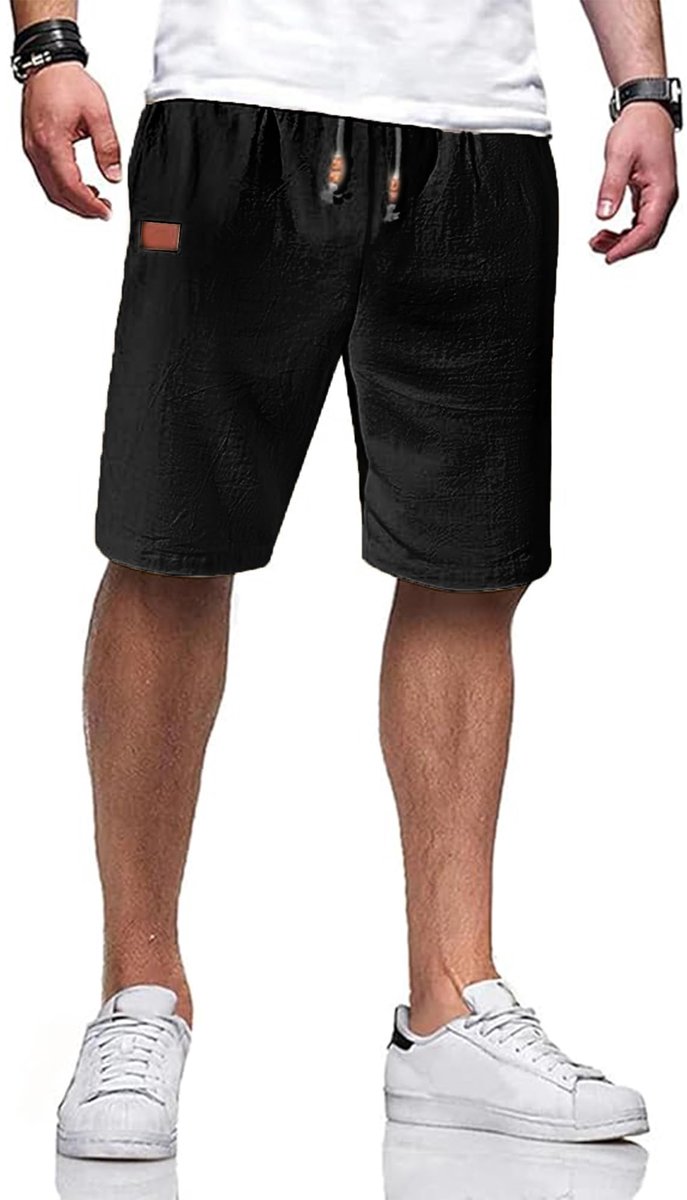 SnelShoppen - Korte broek heren katoen linnen elastiek casual shorts zomer licht met zakken M-3XL, zwart, XL - Vrijetijdskleding voor elke gelegenheid