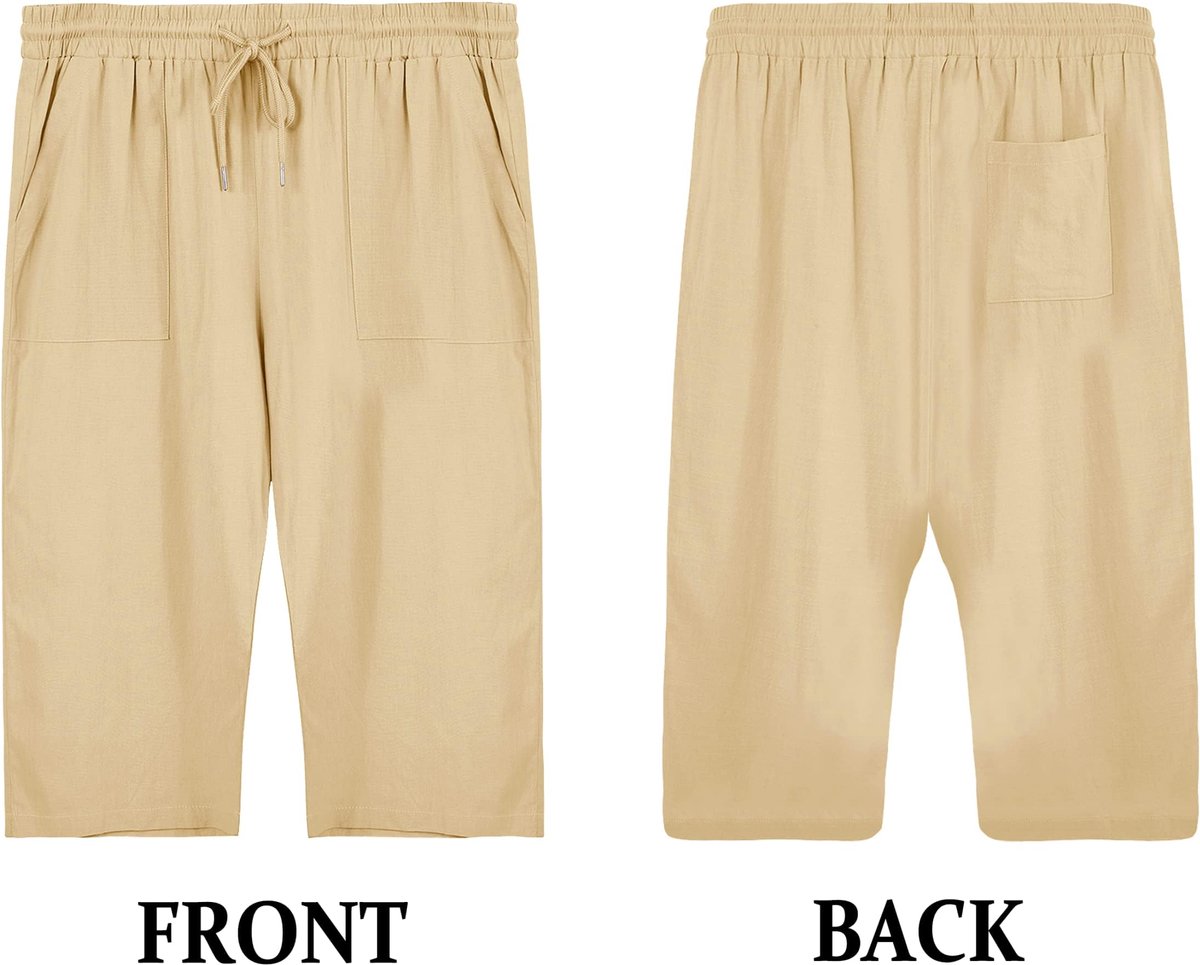 SnelShoppen - Runcati Bermuda-shorts voor heren, katoen, linnen, 3/4-lengte, zomerbroek, casual joggingbroek met zakken, Kaki, XXL, ideaal voor yoga e