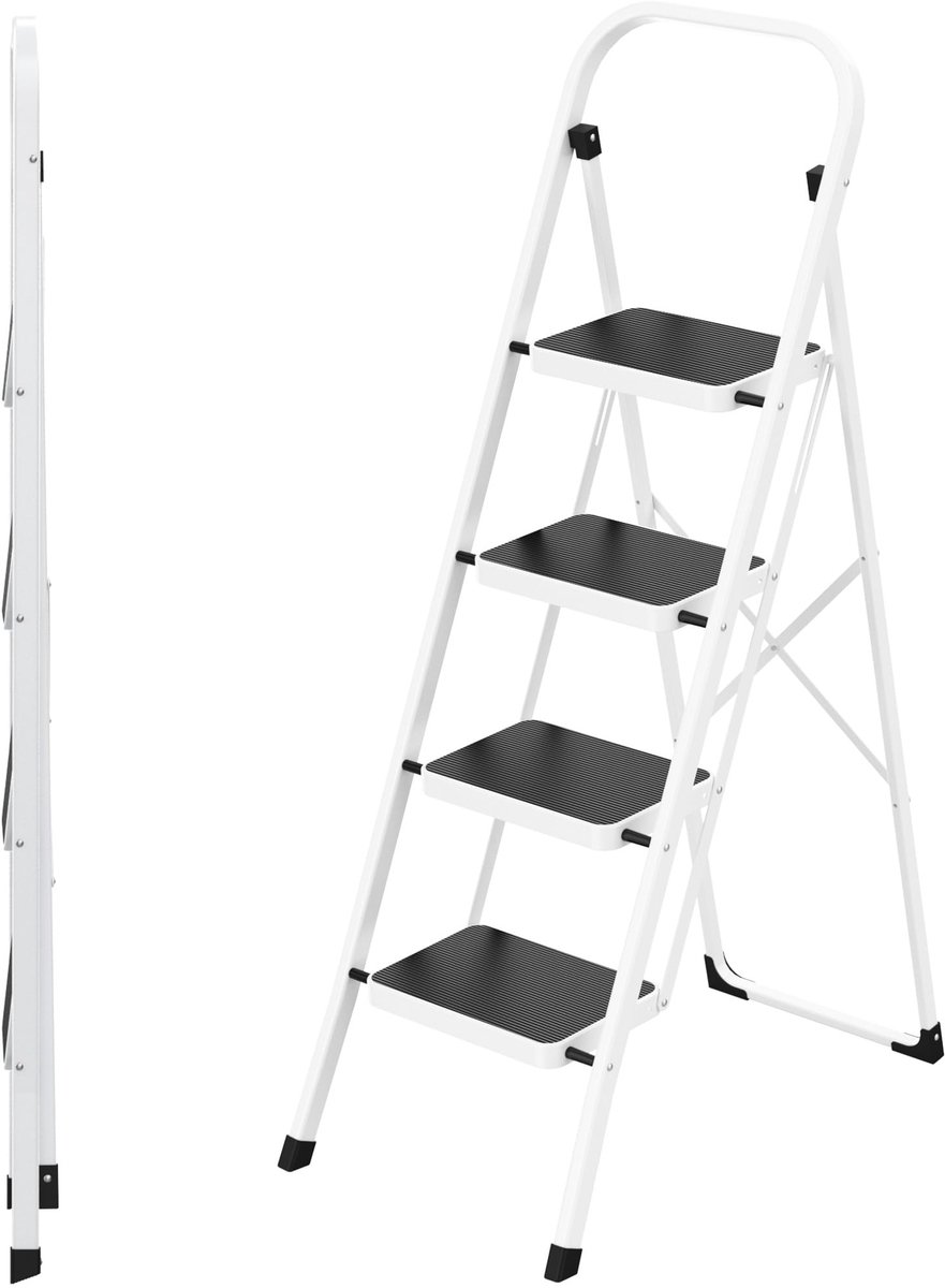 SnelShoppen - Opvouwbare Trap met 4 Treden - Huishoudtrap van Gelegeerd Staal, Antislip Pedalen, Werkhoogte 94 cm, Draagvermogen 150 kg, Geen Montage