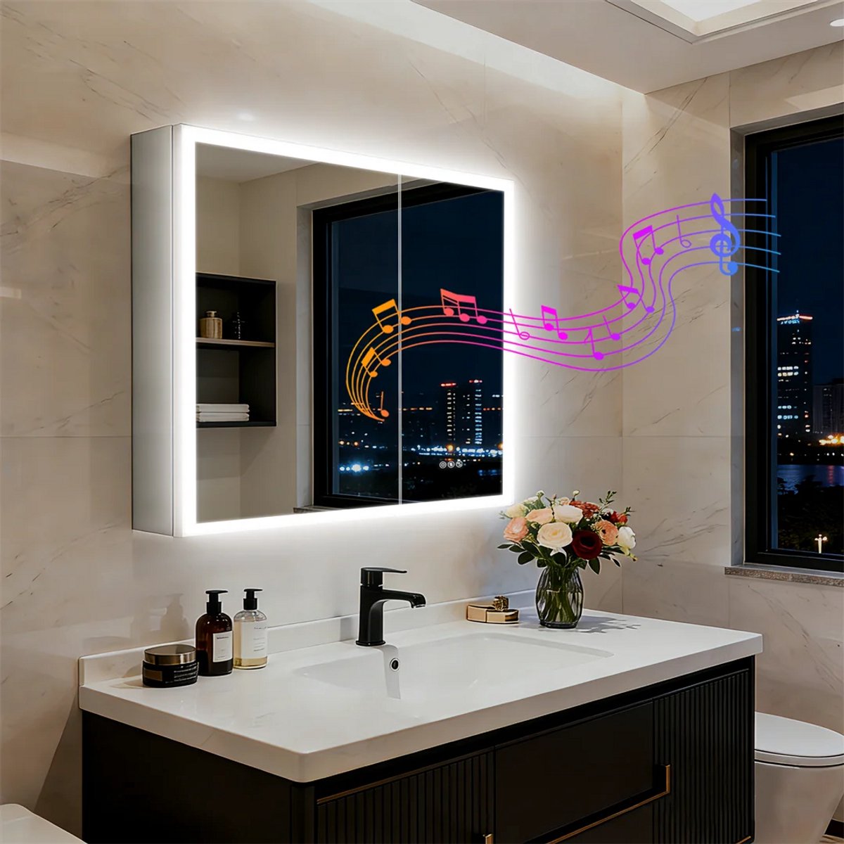Dailygoods - Verlichte Badkamerkast met LED Spiegel en Bluetooth Luidsprekers - Dubbele Deuren