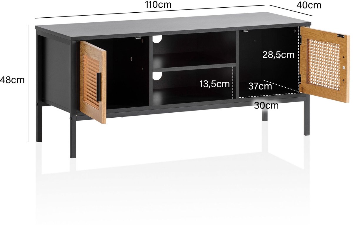 Ervesto Lowboard Tv-meubel - Weens Vlechtwerk - Zwart Eiken - 110x48x40 Cm - Tv-kast - Dressoir