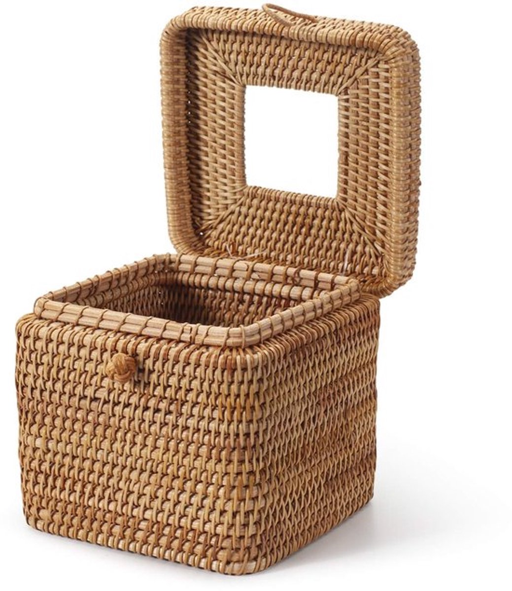 Tissuehouder Vierkant - Handgeweven Rotan - Scharnierend Bovendeksel - Decoratieve Tissuehouder - Natuurlijke Kleur - 14,5 cm x 14,5 cm x 12,7 cm - Tissuedoos