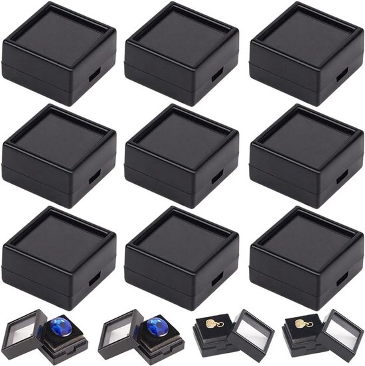 Decoratieve Edelsteen Display Boxen voor Sieraden - Set van 20 - Acryl Geschenkdozen - Geschikt voor Ringen en Edelstenen - Met Spons Kussens - Transparante Deksel - Zwart