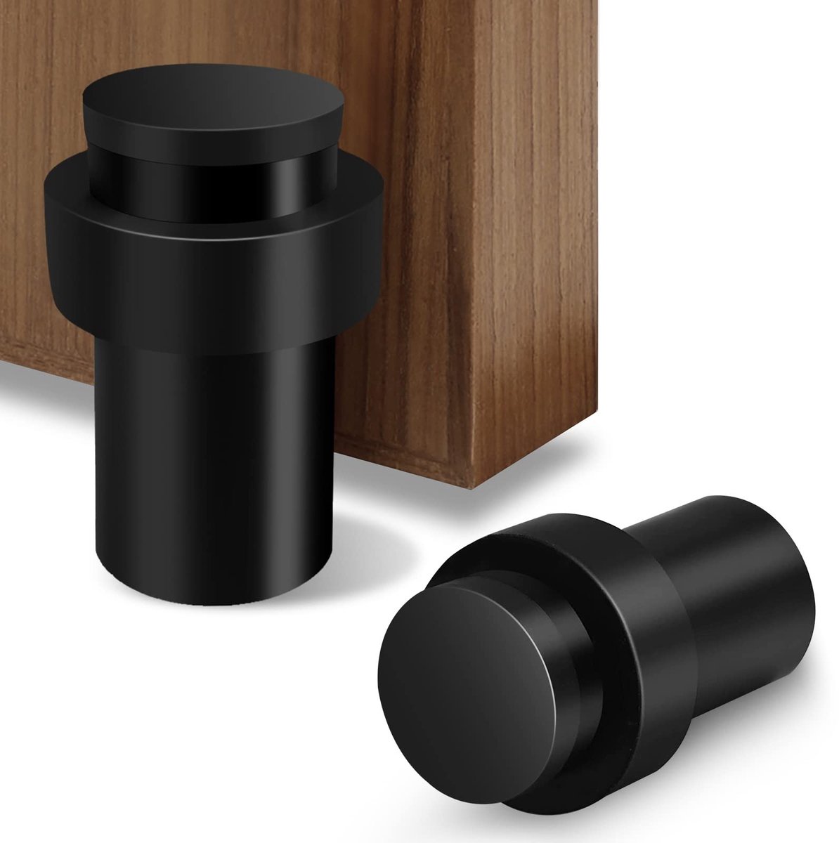 SnelShoppen - Deurstopper 65 mm Zwart Vloergemonteerd Roestvrijstaal Heavy-Duty Deurstop Wandmontage met Dikke Rubber Bumper - 2 Stuks Cilindrisch
