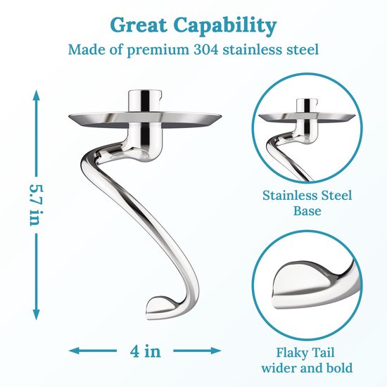 Roestvrijstalen Deeghaak voor Stand Mixer - Geschikt voor 4,5-5Qt Mixers — afbeelding 4
