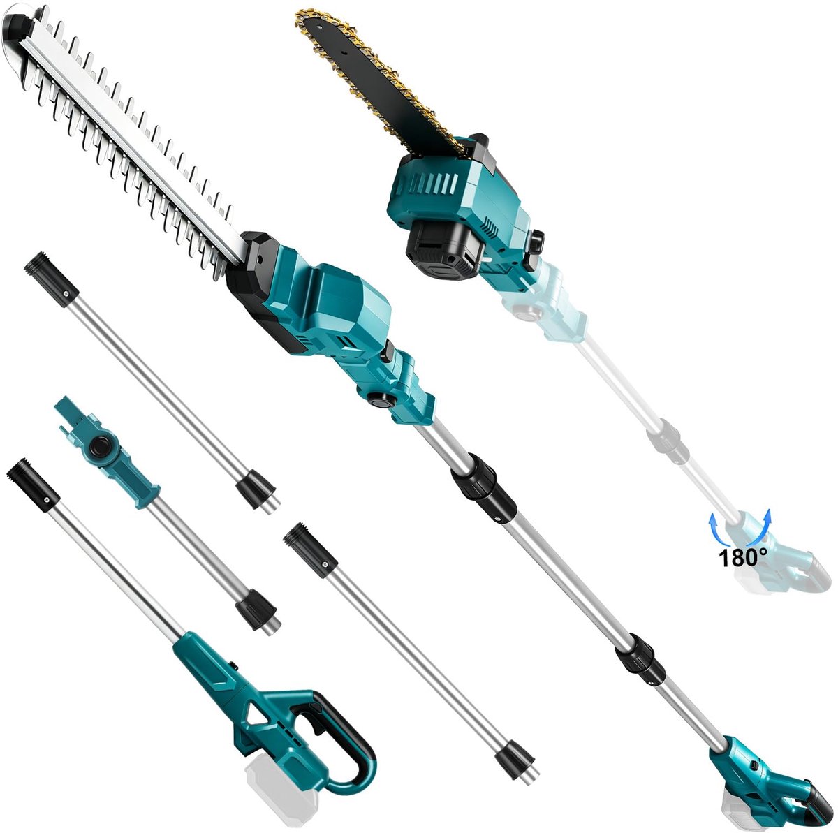 SnelShoppen - 4-in-1 Accu-Heggenschaar, Telescopische & Mini-Kettingzaag voor Tuin, 18V, Takkenzaag 20,3 cm, 400 mm Snijlengte, Maximaal Bereik 4,5 m,