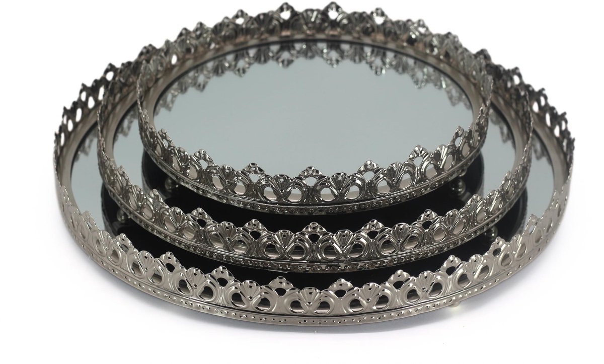 Dailygoods - Set van 3 Decoratieve Ronde Schalen met Spiegel - Ø 20/25/30 cm - Zilver Elegant
