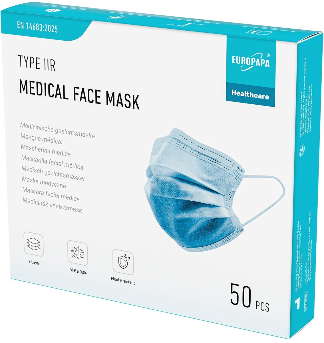Dailygoods- Mondmasker medisch type IIR - 3-laags masker - wegwerpmasker - BFE ≥ 98% - 50 stuks - comfortabele ademhaling - Gezichtsmasker